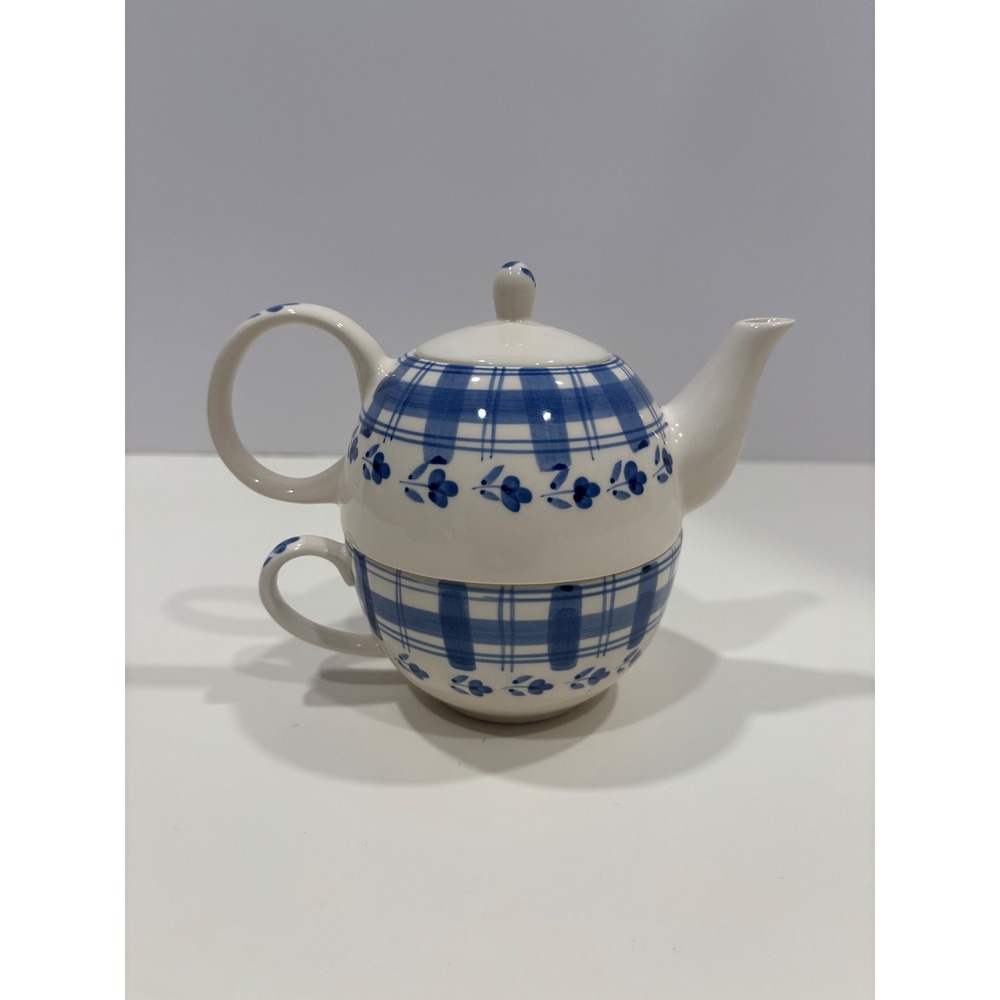 Indra Fine Stoneware Tea For One Set Blue Plaid Floral Hand Painted Thailand